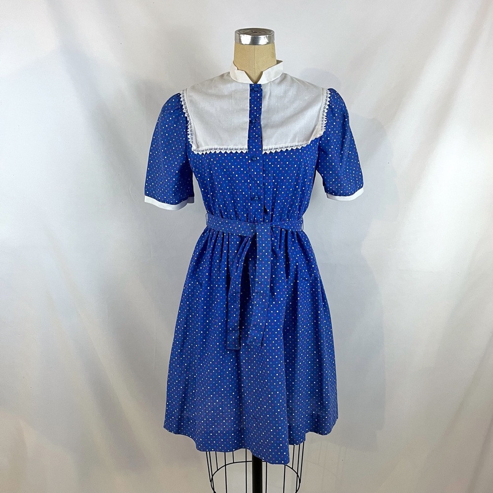Vintage 70s Polka Dot Dress Lace Trim Small